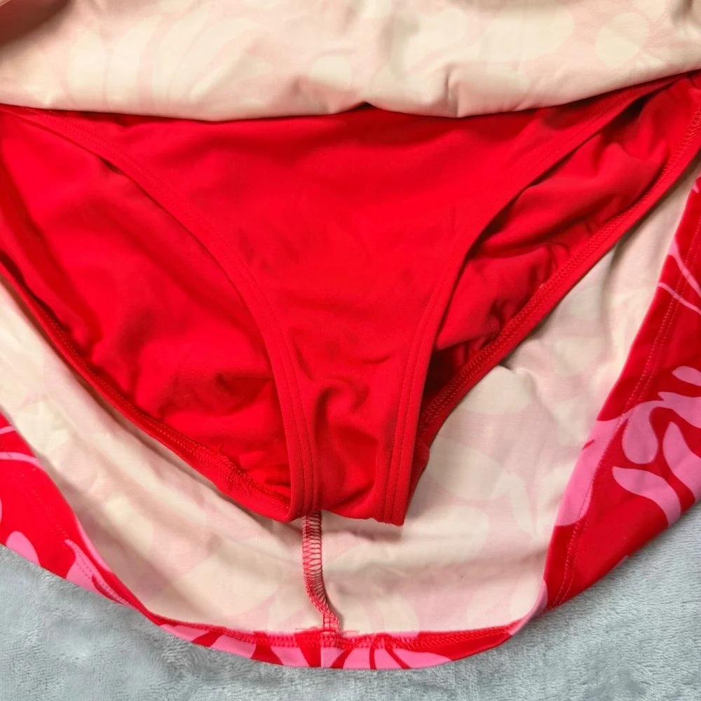 Shade & Shore Red Floral Swim Skirt and Halter Bikini Top Set Size Medium